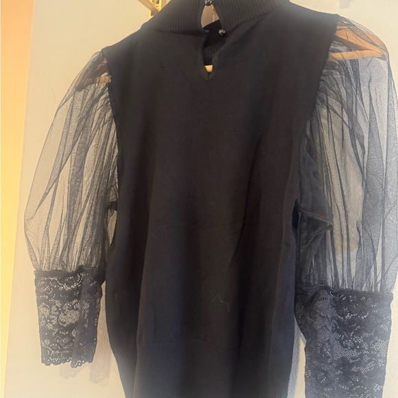 NWT Gracia Black Mock Neck Top Sheer Mesh Puff Sleeve Lace Cuff M - Picture 7 of 7